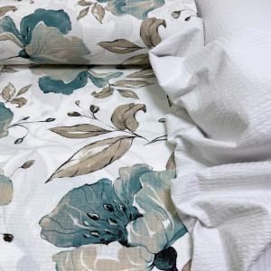 Ранфорс жатый маки бирюзовые на белом