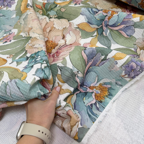 Вафельное полотно цветы 06 шахматное 