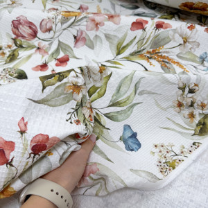 Вафельное полотно цветы 02 шахматное