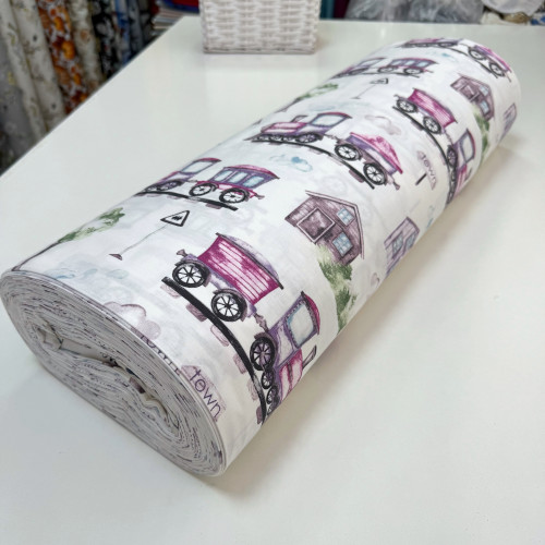 Ранфорс паровозики-домики сиреневые